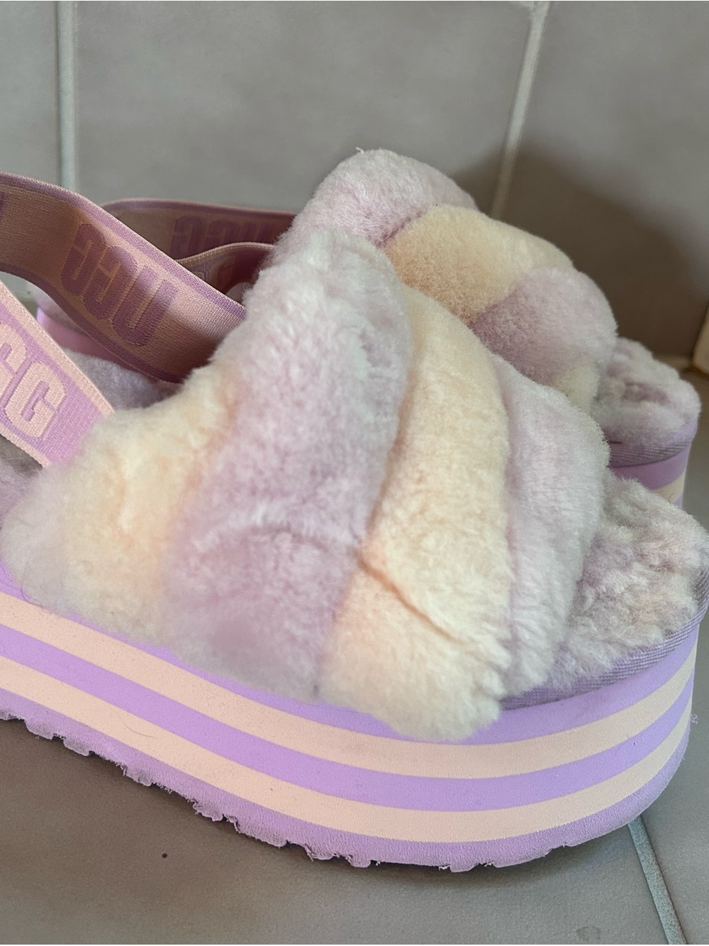 UGG Disco stripe Pastel Fuzzy Platform Slide Sandals - Pink, Peach stripe